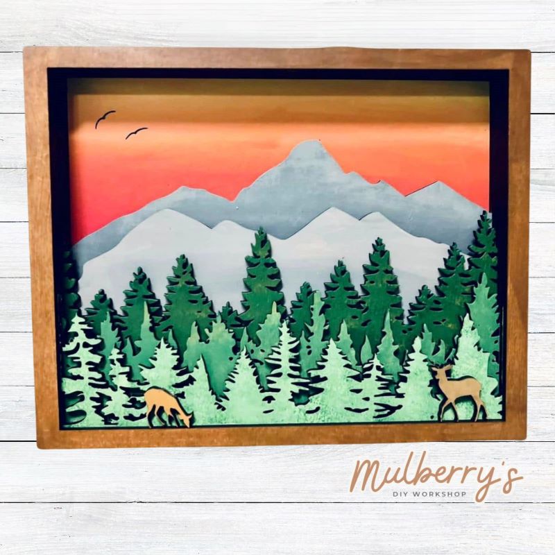 This 7-layered project is stunning! Featuring our beautiful Blue Ridge Mountains and deer. It's roughly 6 inches tall by 8 inches wide.