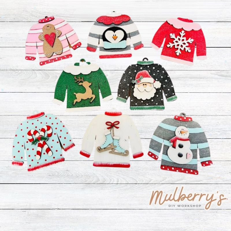 Our ugly sweater ornaments are the cutest! Each are approximately 5" tall by 5" wide.