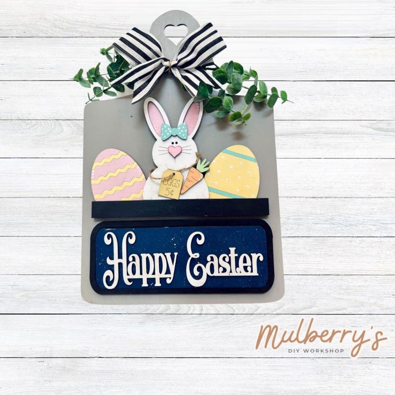 This Interchangeable Breadboard measures roughly 9" wide & 13.5" tall. This project can easily be changed out for holidays, seasons and other themes. Because the breadboard leans back with the use of an easel, no magnets or adhesive hook and loop is needed. The set includes the breadboard and Easter inserts.