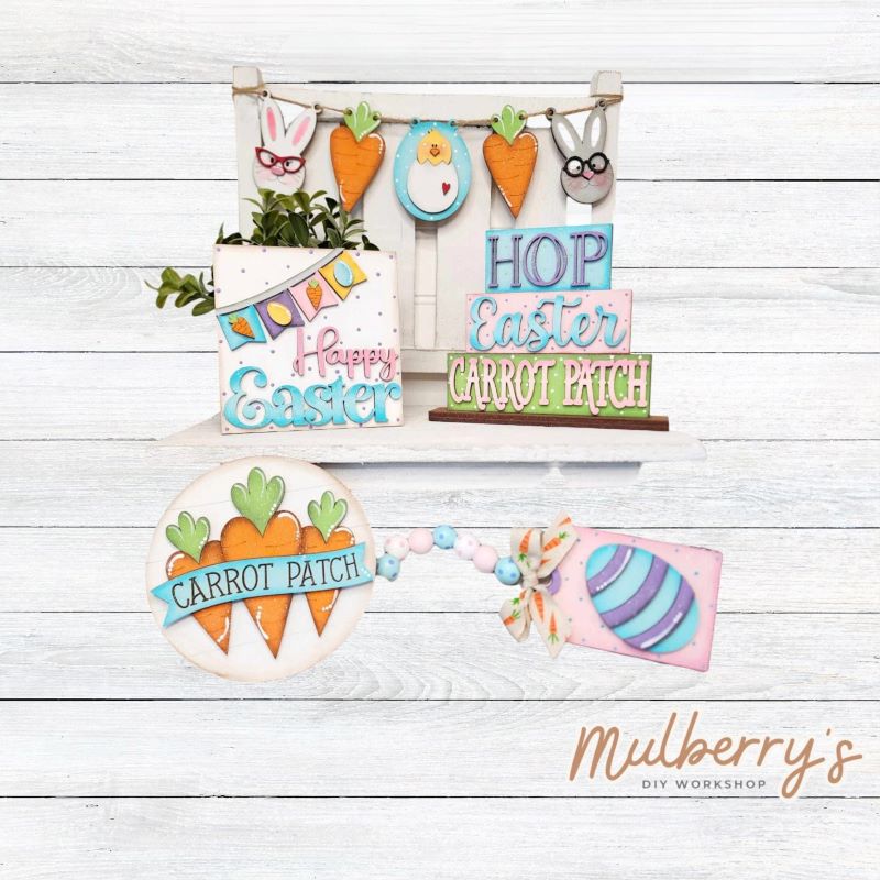 Our five-piece Easter tiered tray set can be purchased as a set or as individual pieces.