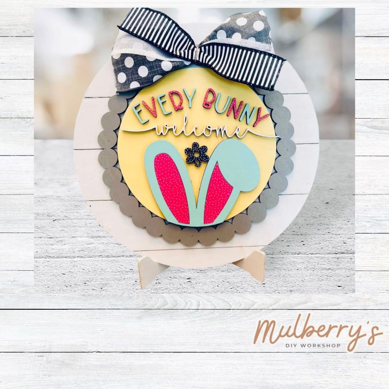 We love our large interchangeable plate with stand! It's approximately 11.5-inches is diameter and can display your favorite seasonal/holiday insert. This set includes the large interchangeable plate with stand and the every bunny welcome insert.