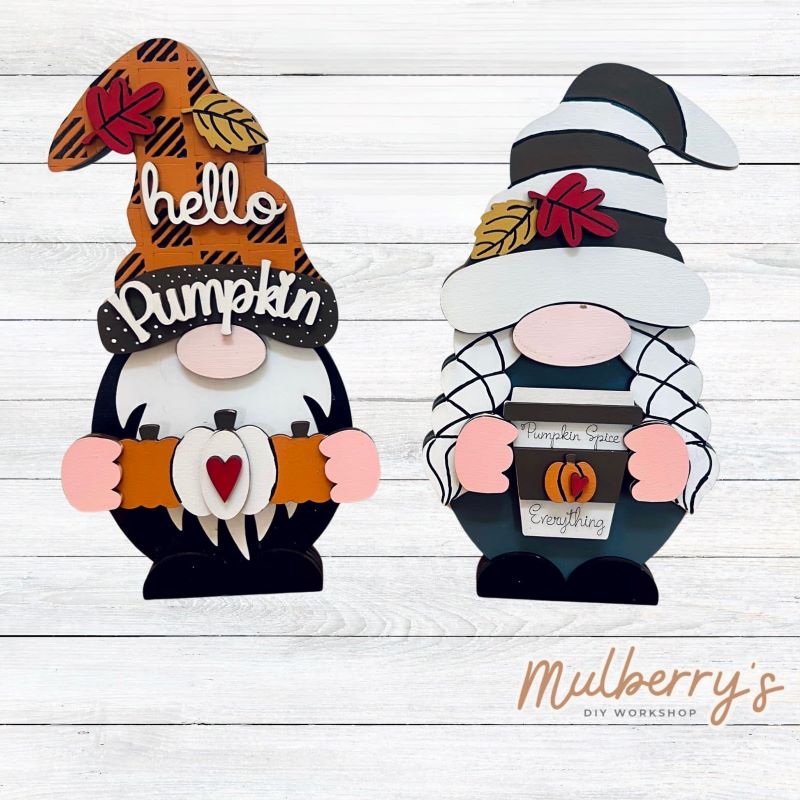 Our interchangeable mini gnomes are approximately 9" tall. They are 3 layers; therefore, they will stand freely. There are two choices. Hats and Hands are interchangeable and can be switched out for every holiday/season. Includes interchangeable gnomes and fall inserts.