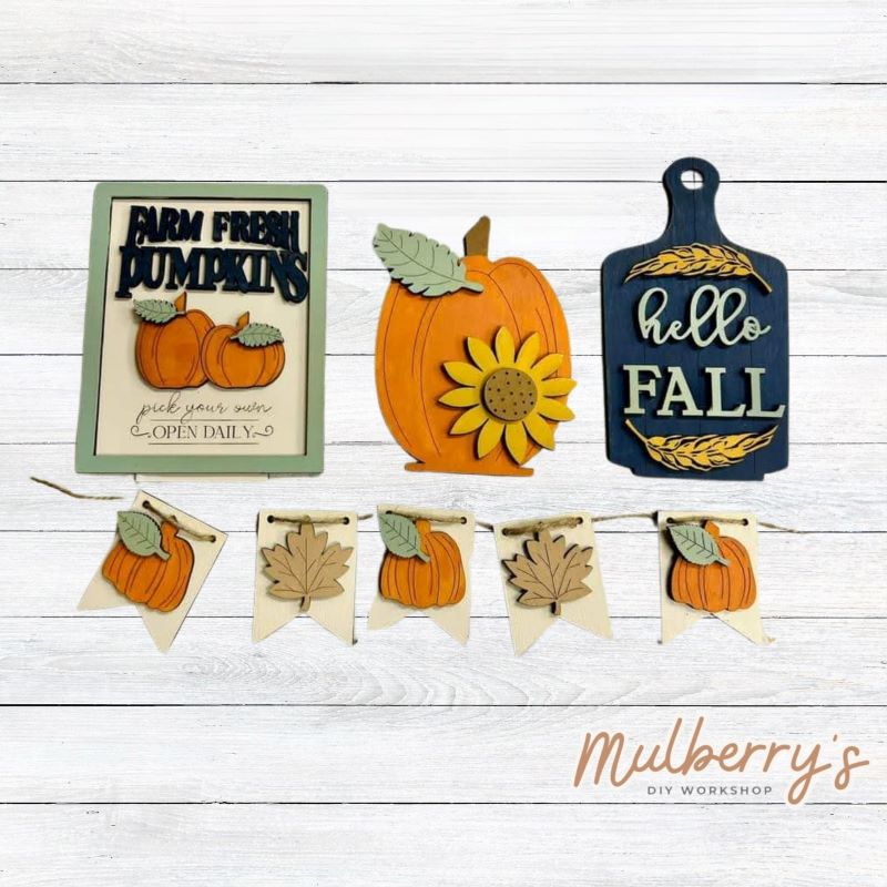 Our fall inserts are so cute! Display them individually or in our interchangeable bench! Includes Farm Fresh Pumpkins sign, Pumpkin, Hello Fall cutting board, and fall banner.