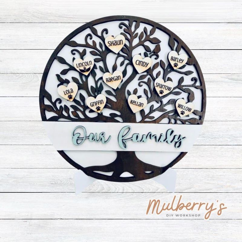Create your own personalized family tree by adding names to each heart. Angel wings can be added to family members' names and pawprints to your furry friends. Optional stand is available.