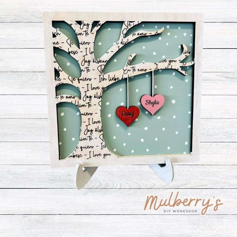 Our personalized love tree makes the perfect wedding, anniversary, or Valentine's Day gift! Approximately 6" tall by 6" wide. Optional stand is available to purchase.