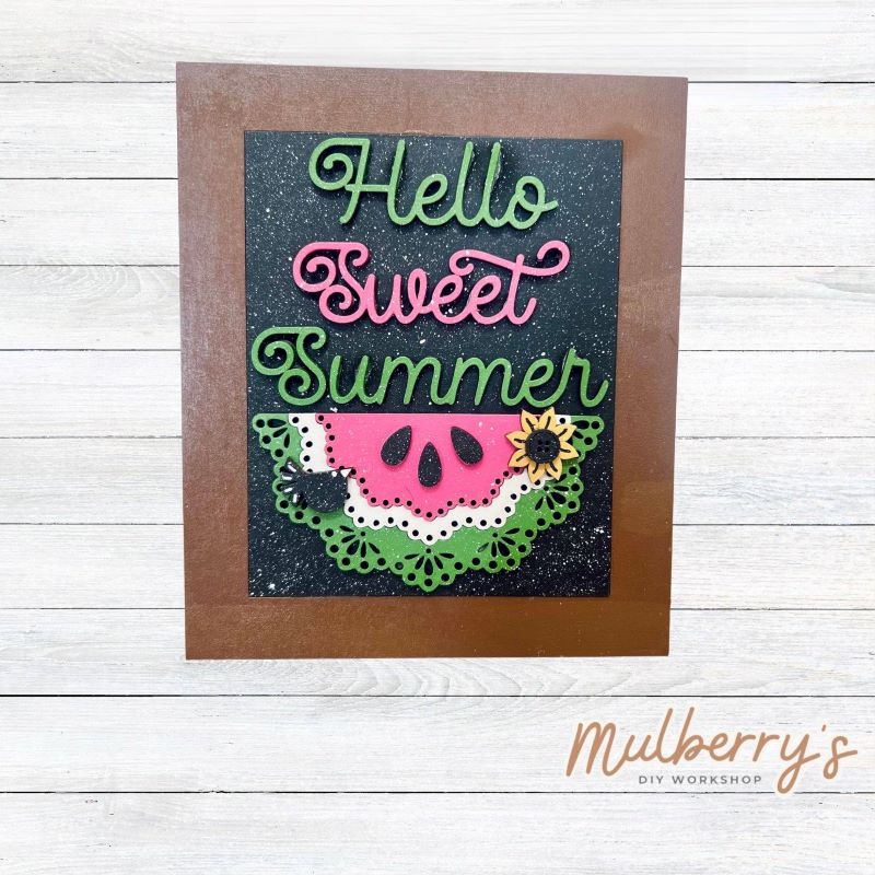 Our Interchangeable Rectangle Frame measures roughly 6.5" wide & 8" tall.
This project can easily be changed out for holidays, seasons and other themes. Because the frame leans back with the use of an easel, no magnets or adhesive hook and loop is needed.
The set includes the rectangle frame and hello sweet summer insert.