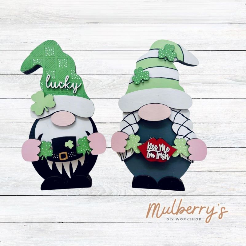 Our interchangeable mini gnomes are approximately 9" tall. They are 3 layers; therefore, they will stand freely. There are two choices. Hats and Hands are interchangeable and can be switched out for every holiday/season. Scrapbook paper embellishment is NOT included. Includes interchangeable gnomes and st. patty inserts.