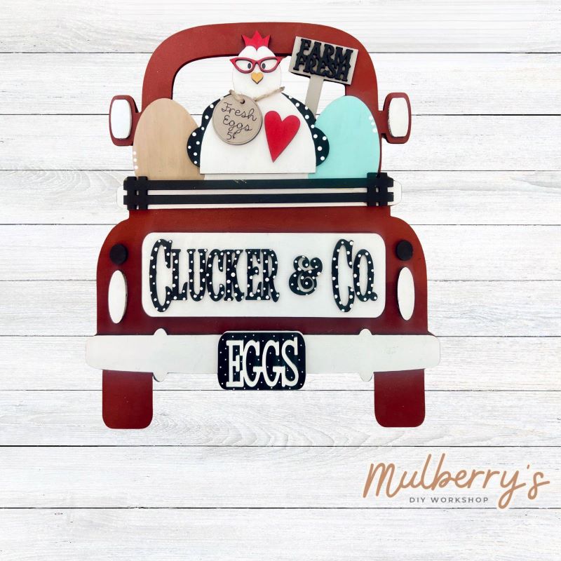 1. We offer two sizes: 12 inches and 24 inches. Please see pictures for size comparison.
2. We offer each truck with holes to make it a door hanger or without holes for it to be a shelf sitter.
Chicken inserts are included in this set. Additional inserts are available for each holiday/season.