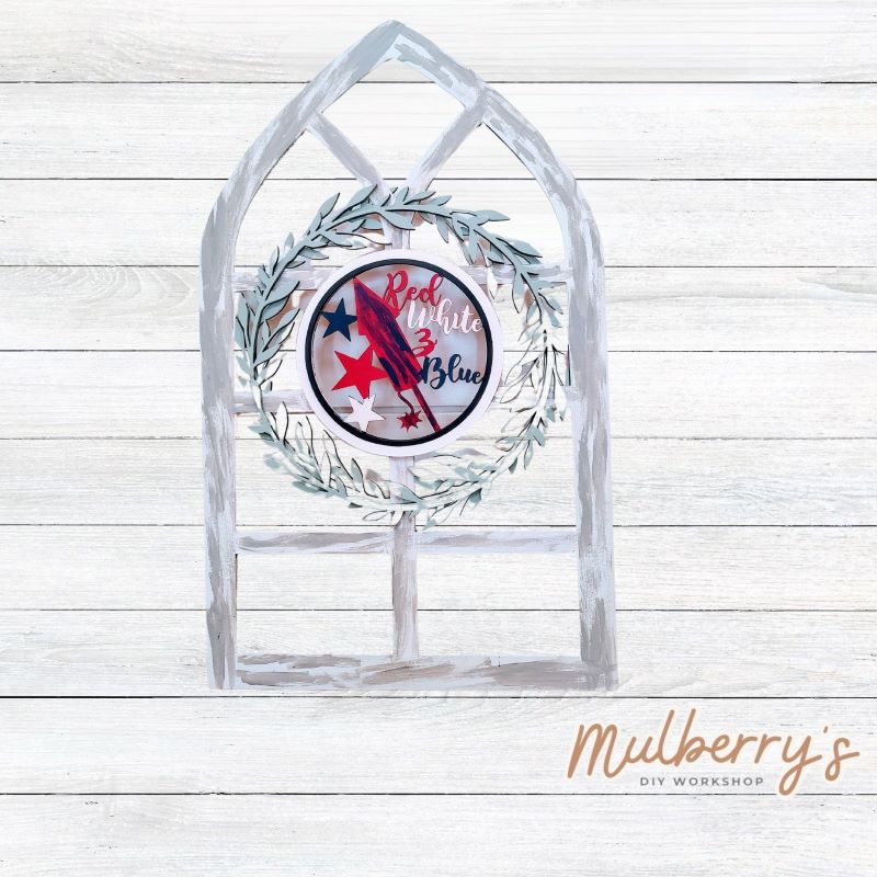 We love our interchangeable window! It's approximately 16" tall by 10" wide and can display your favorite seasonal/holiday insert. This set includes the interchangeable window and July 4th insert.