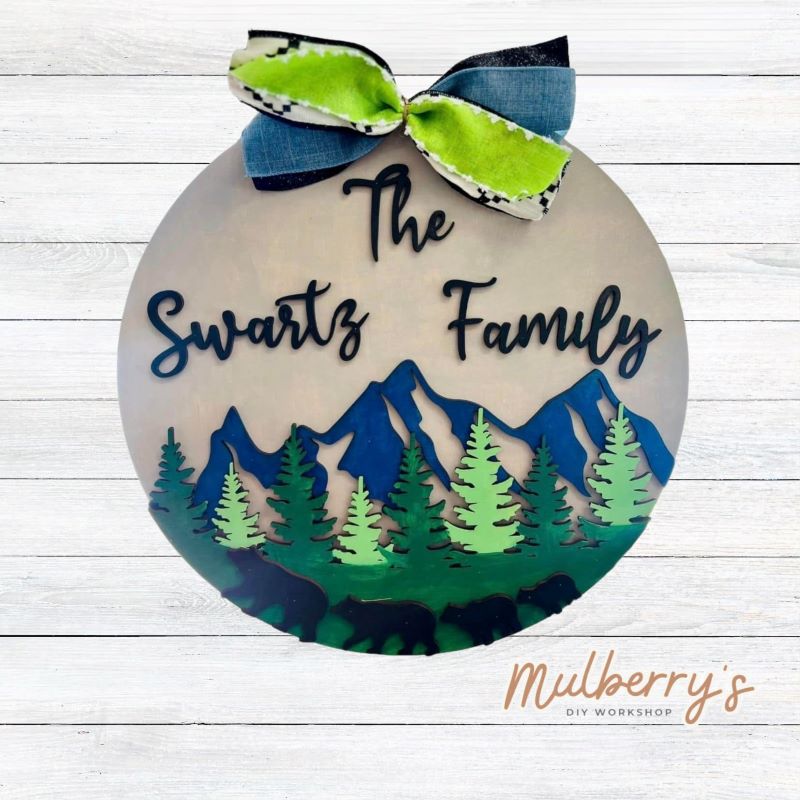 What a great way to display our beautiful Blue Ridge Mountains. This 18" door hanger can be personalized with your family's name or with the word "welcome" and your desired number of bears.