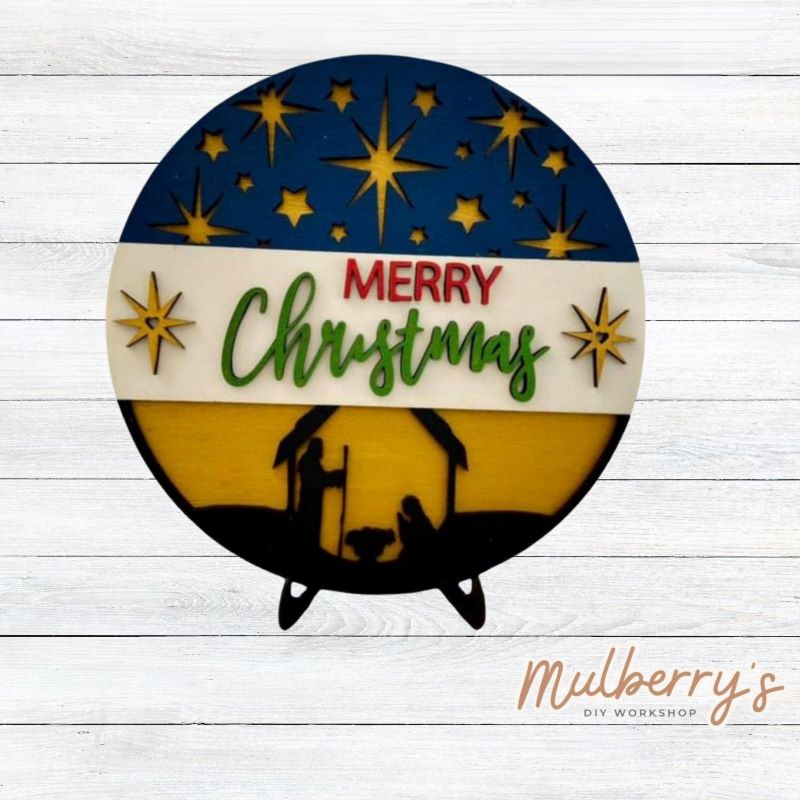 Our Merry Christmas nativity round is perfect for the holiday season! Approximately 10" in diameter. Optional stand is available.