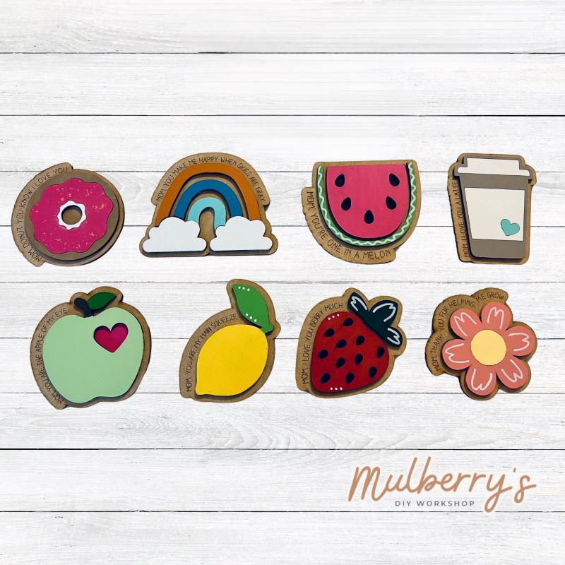 Super sweet fridge magnets with cute sayings just for mom! She'll love using them to display your artwork! Each magnet is approximately 3.5" in height.