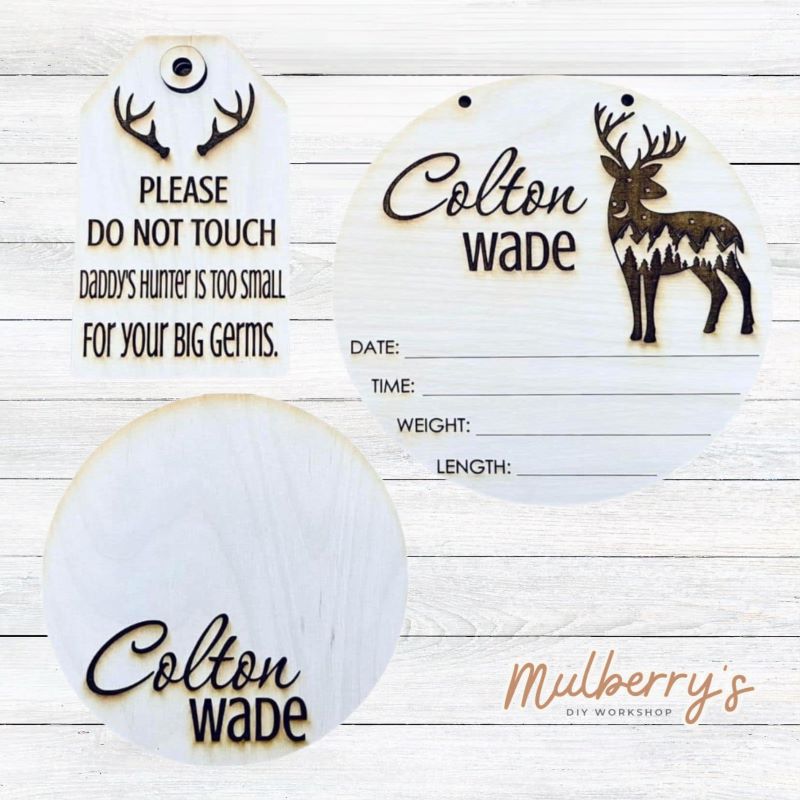 Let us help you with your baby's birth stats, adorable keepsake for hospital footprints, and a friendly reminder to attach to your carrier/stroller. The carrier/stroller tag has been engraved with a friendly reminder. The birth stats round can be personalized and has a deer engraved on it. It's roughly 7.5" in diameter.The footprint keepsake can be personalized with your child's name engraved It's roughly 6" in diameter and is a perfect keepsake for hospital footprints.