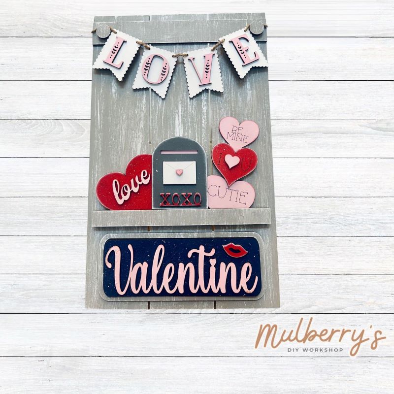 Our Interchangeable Pallet Stand measures roughly 15" tall by 9" wide. This project can easily be changed out for holidays, seasons and other themes. The set includes the pallet stand and valentine inserts.
