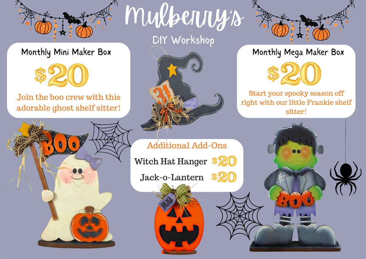 Spooky season has arrived! Our September monthly maker projects are here!
Monthly Mega Maker Box: Start your spooky season off right with our little Frankie shelf sitter!
Monthly Mini Maker Box: Join the boo crew with this adorable ghost shelf sitter!
Additional Add-Ons:
-Witch Hat Mini Hanger
-Jack-o-Lantern Shelf Sitter
Please note that shipping is NOT available. Local pickup only; please message to schedule.