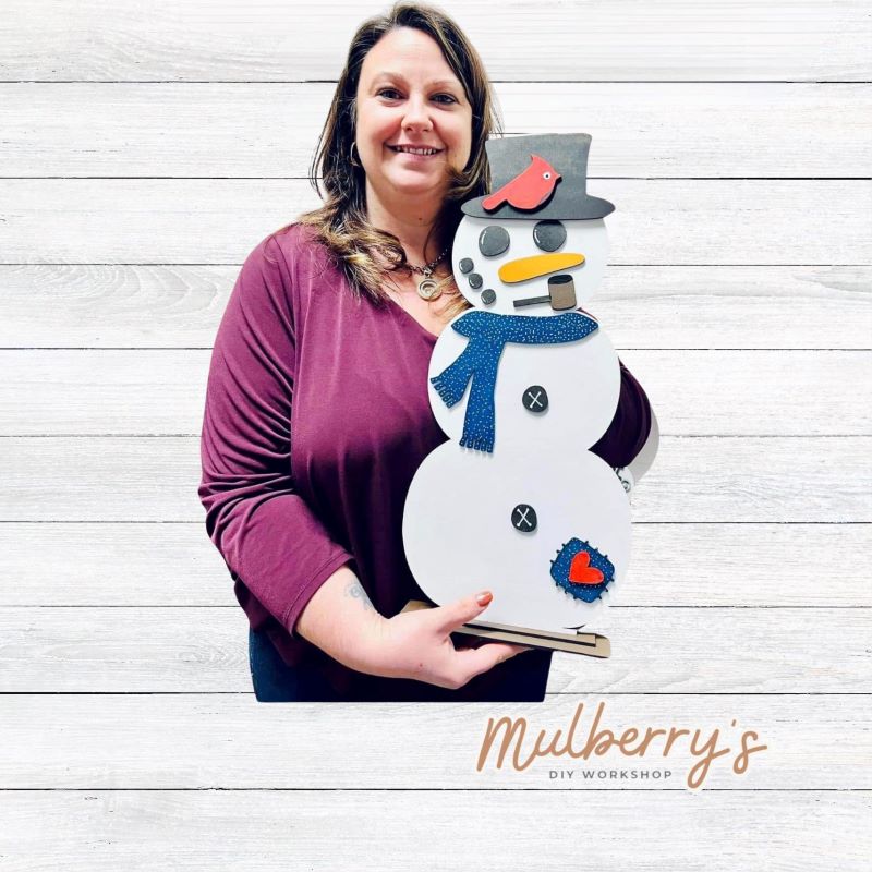 Our large stand-up snowman is such a fun project to add to your winter decor! Approximately 18.5" tall by 9" wide.