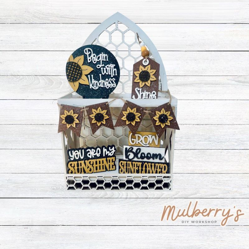 Our five-piece sunflower tiered tray set can be purchased as a set or as individual pieces.