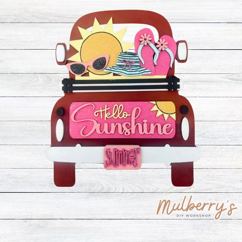 Our interchangeable truck is a must have!! There are several options to choose from:
We offer two sizes: 12 inches and 24 inches.
We offer each truck with holes to make it a door hanger or without holes for it to be a shelf sitter.
Summer inserts are included in this set. Additional inserts are available for each holiday/season.