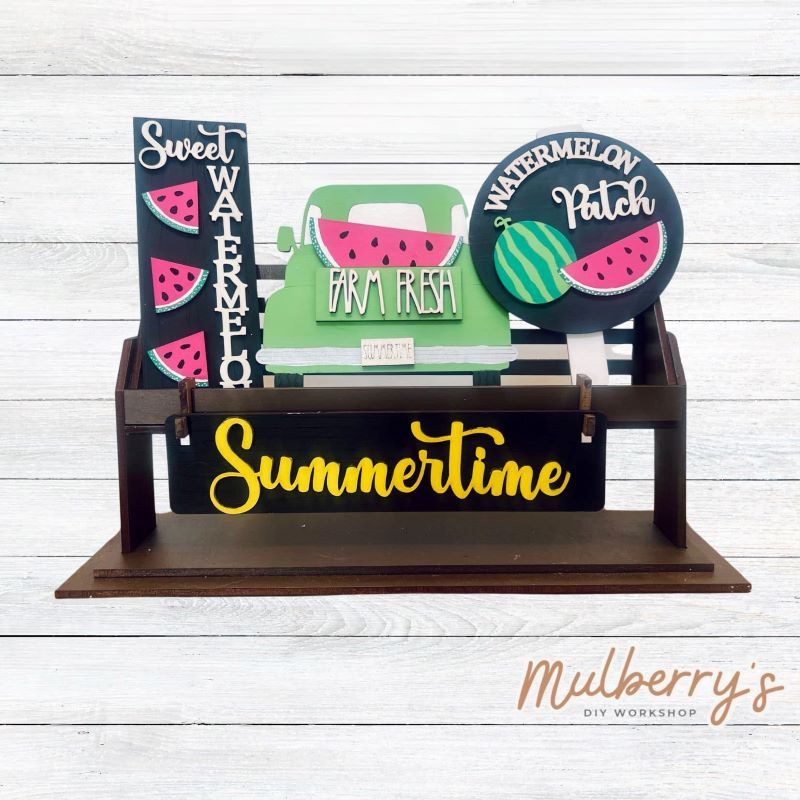 It doesn't get any cuter than our little rustic crate! It's a perfect add on accessory to your décor. It's approximately 13" long. Includes: Crate and Watermelon Inserts. Watermelon inserts include Sweet Watermelon sign, Watermelon Truck, Watermelon Patch sign, and Summertime banner.