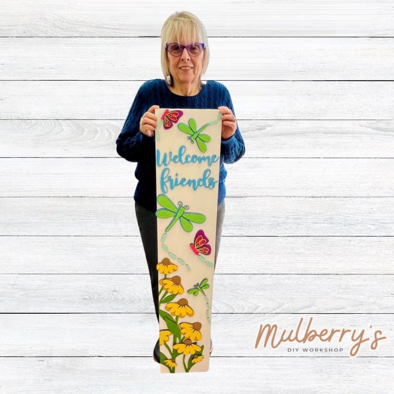 Our welcome friends spring porch leaner is the perfect project to decorate your porch this spring! Approximately 4' tall.