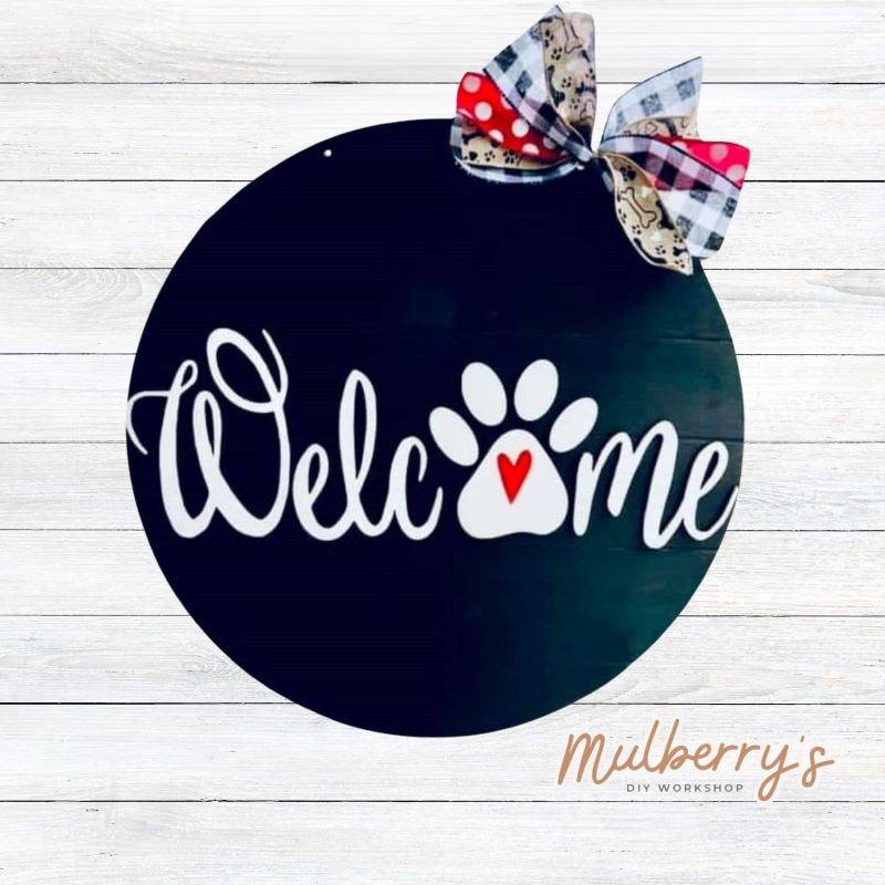Our "Welcome with Heart PawPrint" 18" door hanger is ruff-tastic!