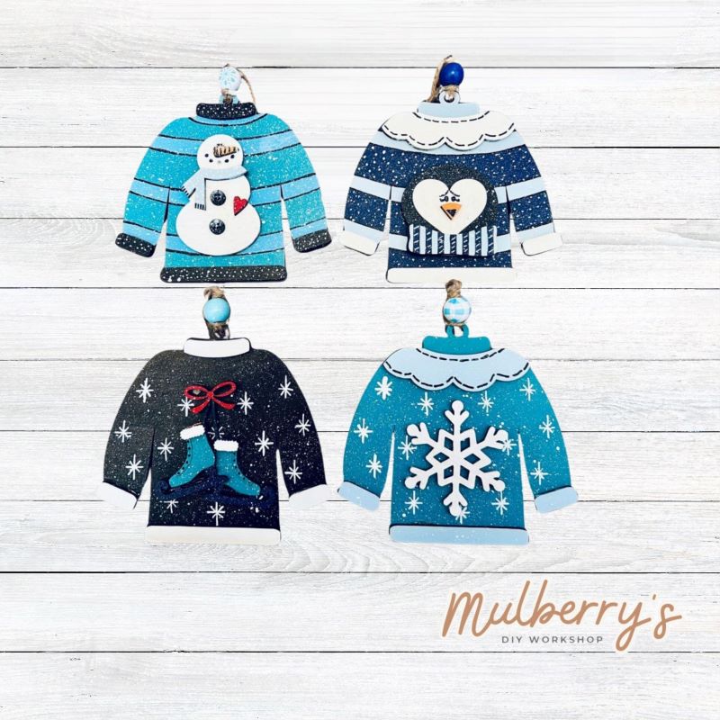 Our ugly sweater ornaments are the cutest! Each are approximately 5" tall by 5" wide.