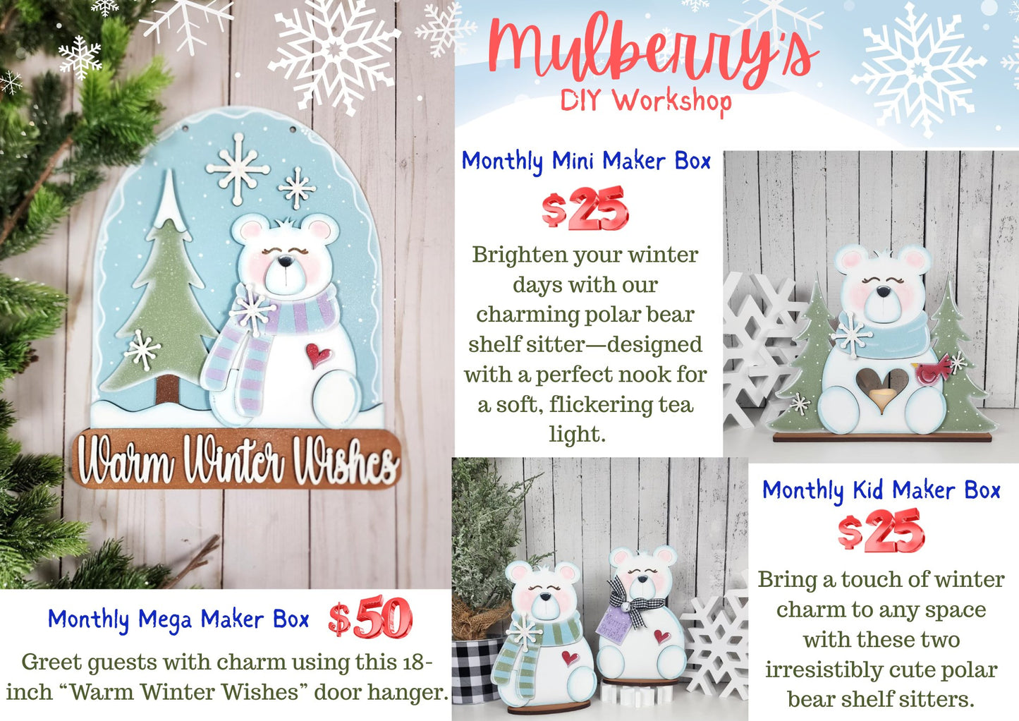 Introducing our new monthly maker boxes! We have three superb options for you to choose from! They make the perfect Christmas gifts!

-Monthly Mega Maker Box
-Monthly Mini Maker Box
-Monthly Kid Maker Box

Order a Monthly Maker Box (mega, mini, or kid) and receive your choice of an ornament ($10 value).

Place your order by December 19 to pick up in time for Christmas.

Please note: shipping is not available.