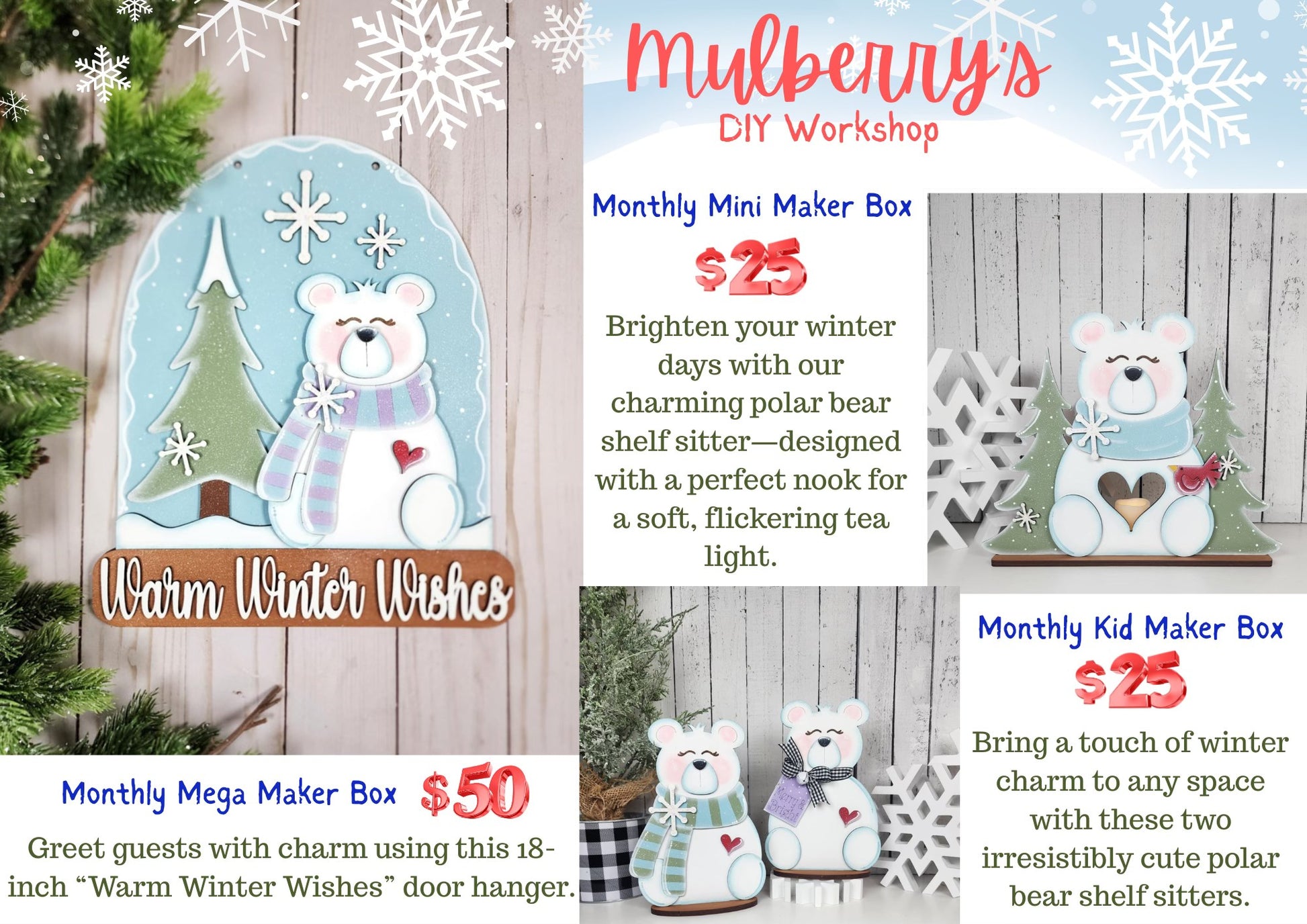Introducing our new monthly maker boxes! We have three superb options for you to choose from! They make the perfect Christmas gifts!

-Monthly Mega Maker Box
-Monthly Mini Maker Box
-Monthly Kid Maker Box

Order a Monthly Maker Box (mega, mini, or kid) and receive your choice of an ornament ($10 value).

Place your order by December 19 to pick up in time for Christmas.

Please note: shipping is not available.