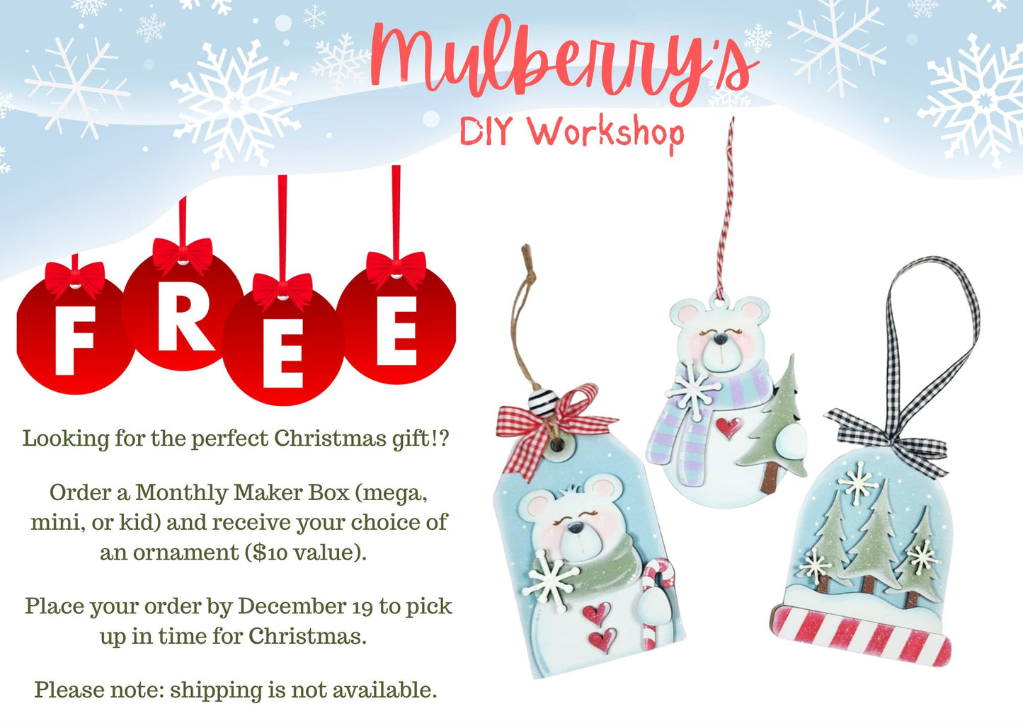 Introducing our new monthly maker boxes! We have three superb options for you to choose from! They make the perfect Christmas gifts!

-Monthly Mega Maker Box
-Monthly Mini Maker Box
-Monthly Kid Maker Box

Order a Monthly Maker Box (mega, mini, or kid) and receive your choice of an ornament ($10 value).

Place your order by December 19 to pick up in time for Christmas.

Please note: shipping is not available.