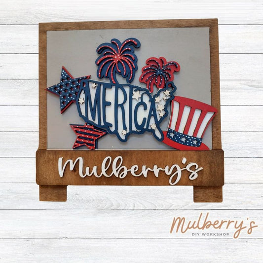 Welcome family and friends with our interchangeable desk easel! Simply swap out inserts to match the different holidays and seasons! It's approximately 10.5" tall.  Includes: Desk Easel with America Insert.