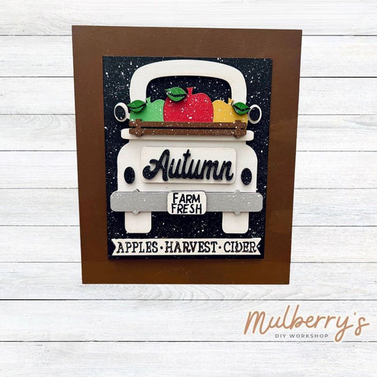 Our Interchangeable Rectangle Frame measures roughly 6.5" wide & 8" tall.

This project can easily be changed out for holidays, seasons and other themes. Because the frame leans back with the use of an easel, no magnets or adhesive hook and loop is needed.

The set includes the rectangle frame and apple truck insert.