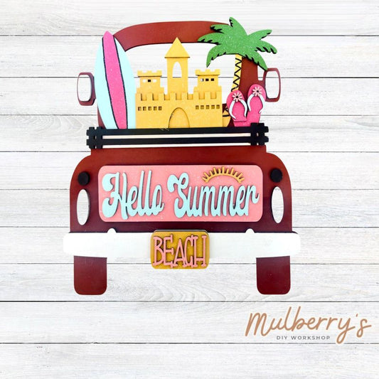 Our interchangeable truck is a must have!! There are several options to choose from:

We offer two sizes: 12 inches and 24 inches.

We offer each truck with holes to make it a door hanger or without holes for it to be a shelf sitter.

Beach inserts are included in this set. Additional inserts are available for each holiday/season