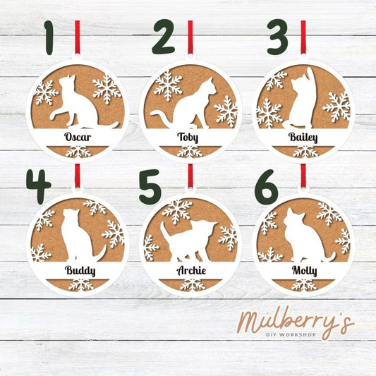 Personalized a cute ornament for your cat!&nbsp; There are six options available. The name of your cat will be engraved on the ornament in cursvie. Each ornament is approximately 4.5 inches in diameter.
