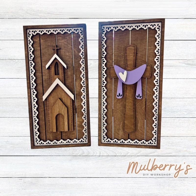 Decorate your home with one (or both) of our religious leaning shelf sitters!

Two options available: Church & Cross

Shelf sitters are free standing with hinge mechanism. Approximately 10.5" tall by 5" wide.