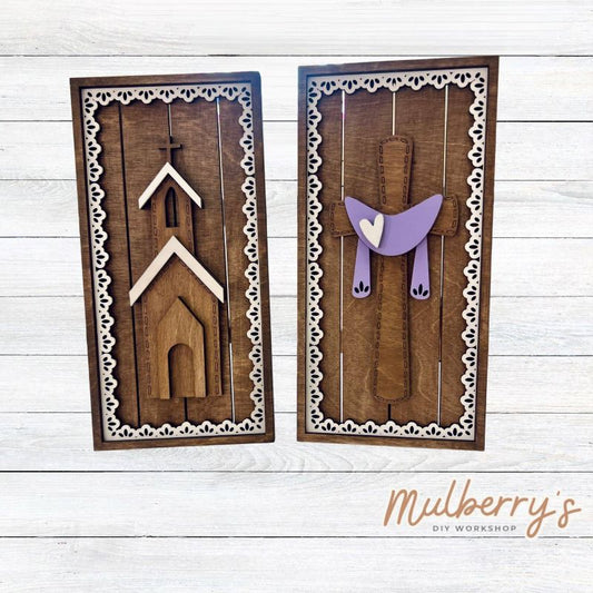 Decorate your home with one (or both) of our religious leaning shelf sitters!

Two options available: Church & Cross

Shelf sitters are free standing with hinge mechanism. Approximately 10.5" tall by 5" wide.