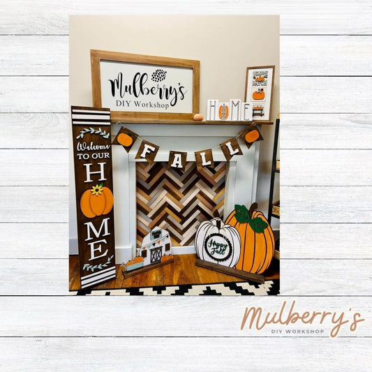 Our interchangeable HOME leaner is the perfect showcase project! It's approximately 4' long by 10" wide. The letter "O" can be swapped out for every season/holiday! It will great on your porch or anywhere in your home!  Includes: Porch Leaner with Pumpkin Insert.