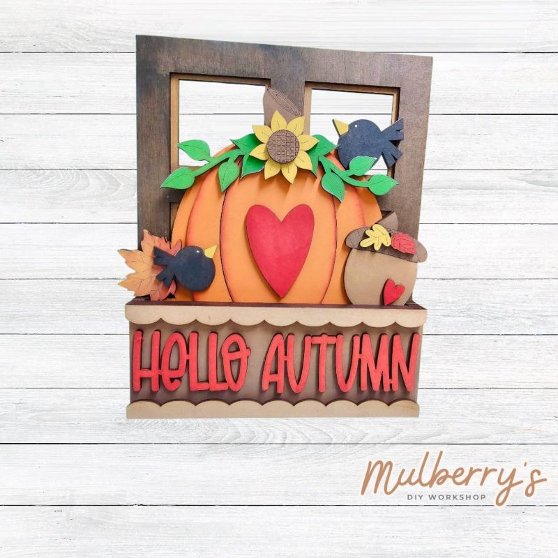 Check out our newest interchangeable project...our window box! It's the perfect project to add to your seasonal/holiday decor! It's approximately 9" wide by 11.5" tall.

Includes window box base with Fall insert.