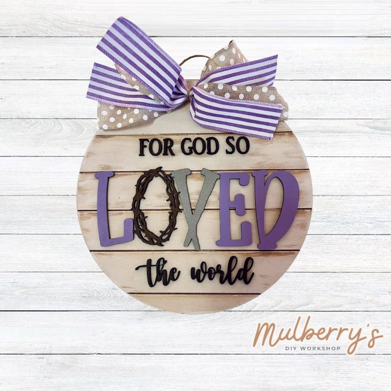 Our "For God So Loved the World" mini hanger would look phenomenal in your house, on your door, or even at your church! Approximately 10.5" in diameter and includes your choice of either beads or a bow.