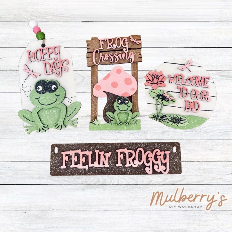 Our spring flower inserts are so versatile! Display them individually or in our interchangeable crate! Includes Hoppy Days tag, Frog Crossing sign, Welcome To Our Pad round, and the Feelin' Froggy banner.
