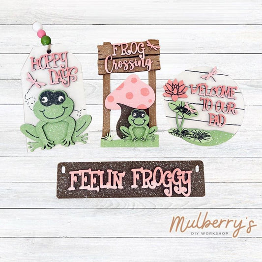 Our spring flower inserts are so versatile! Display them individually or in our interchangeable crate! Includes Hoppy Days tag, Frog Crossing sign, Welcome To Our Pad round, and the Feelin' Froggy banner.