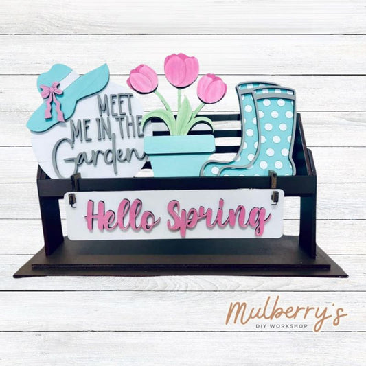 It doesn't get any cuter than our little rustic crate! It's a perfect add on accessory to your décor. It's approximately 13" long.  Includes: Crate and Garden Inserts.  Garden inserts include meet me in the garden sign, flower pot, rain boots, and the Hello Spring banner.