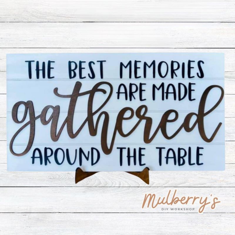 Welcome family and friends with our gathered around the table sign! Approximately 12" tall by 20" wide. Optional stand is available.