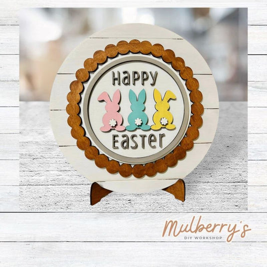 We love our large interchangeable plate with stand! It's approximately 11.5-inches is diameter and can display your favorite seasonal/holiday insert. This set includes the large interchangeable plate with stand and the three bunny insert.