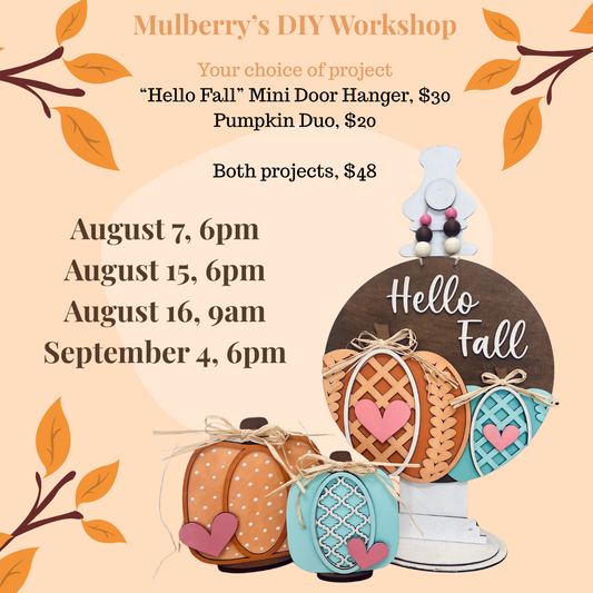 Hello fall! We have the cutest new fall pumpkin projects for you to paint! Choose from either the "Hello Fall" mini door hanger or pumpkin duo set! Or paint both! The mini door hanger is approximately 10.5" in diameter and the pumpkin shelf sitters are 7" and 5.5" tall.