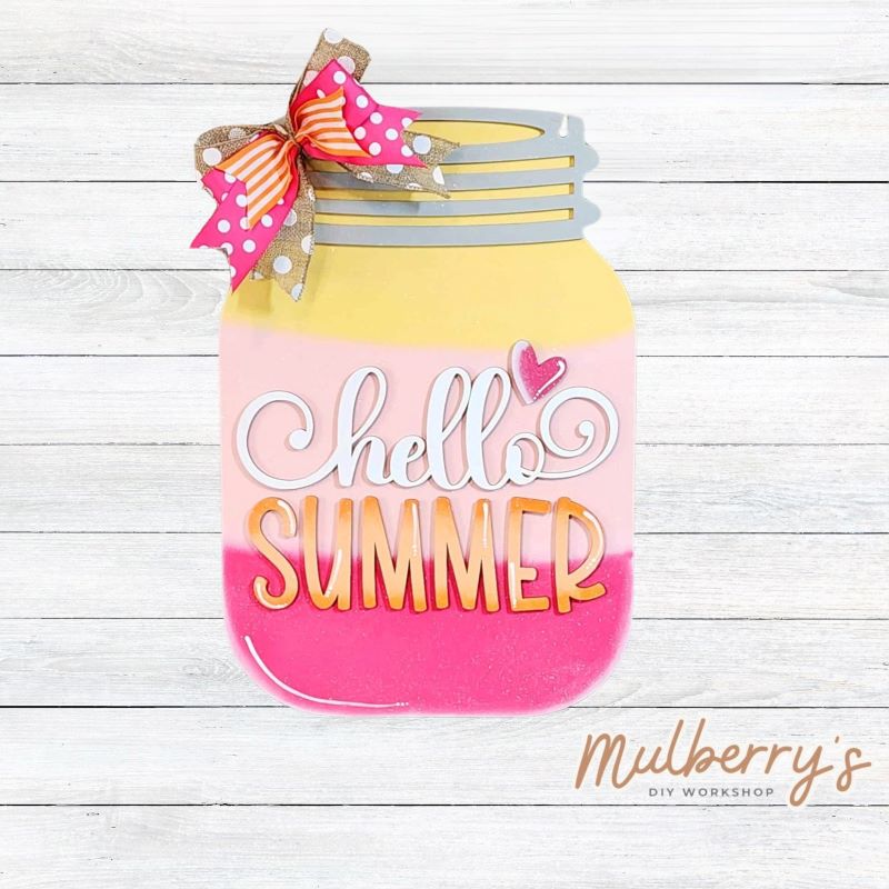 Our hello summer mason jar mini door hanger would look fabulous on your front porch! Approximately 11.5" tall.