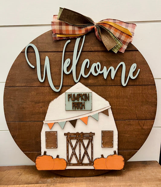 22" PAINTED "Welcome with Pumpkin Barn" Door Hanger