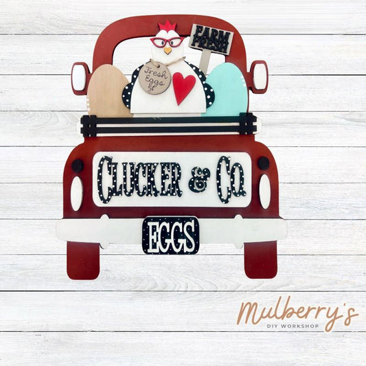 1. We offer two sizes: 12 inches and 24 inches. Please see pictures for size comparison.

2. We offer each truck with holes to make it a door hanger or without holes for it to be a shelf sitter.

Chicken inserts are included in this set. Additional inserts are available for each holiday/season.