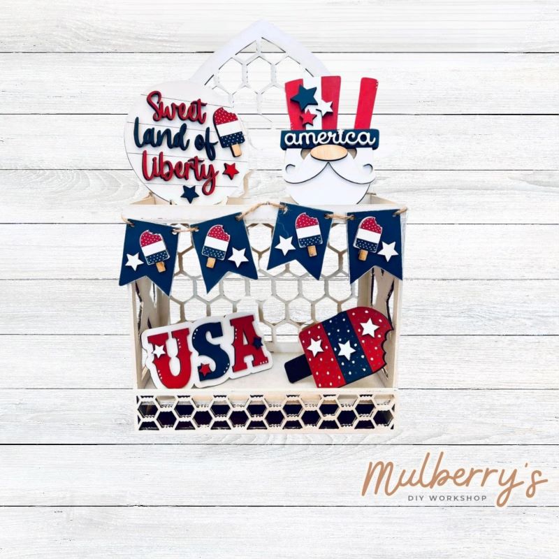 Our five-piece July 4th tiered tray set can be purchased as a set or as individual pieces.