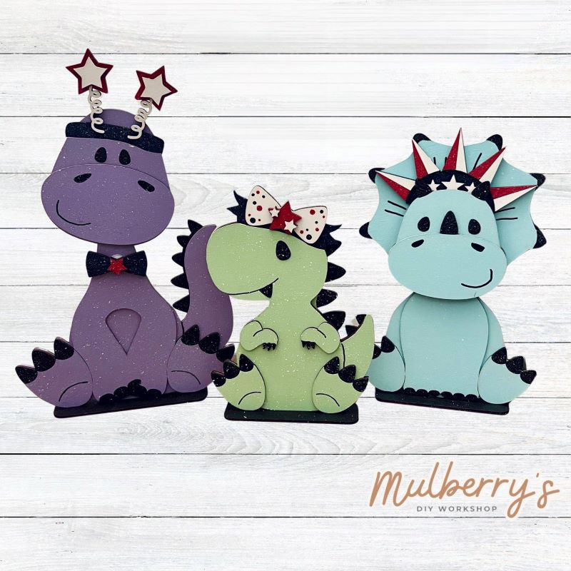 Our July 4th inserts pair perfectly with our Interchangeable Dinosaurs, pictured in the second picture and sold separately.

Please note that different inserts fit each type of dinosaur base differently. For our interchangeable dinosaurs, we recommended pairing each with the following:

-Brachiosaurus with Headband & Bow Tie

-T-Rex with Headbow

-Triceratops with Statue of Liberty Spike Hat