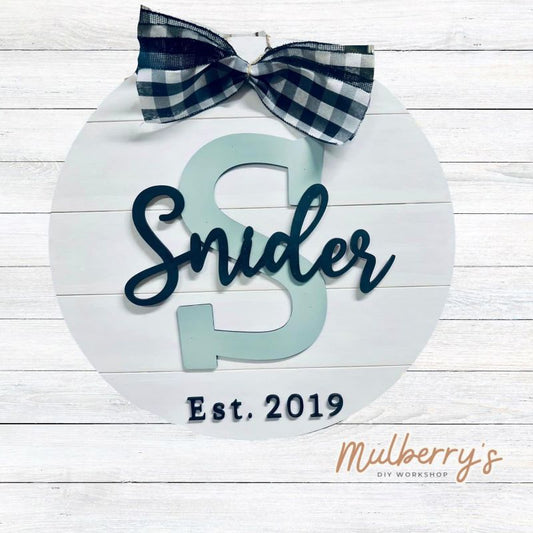 Your family name and established year can be personalized on this 18-inch door hanger&nbsp; A perfect gift for newlyweds, new home buyers, or for yourself.